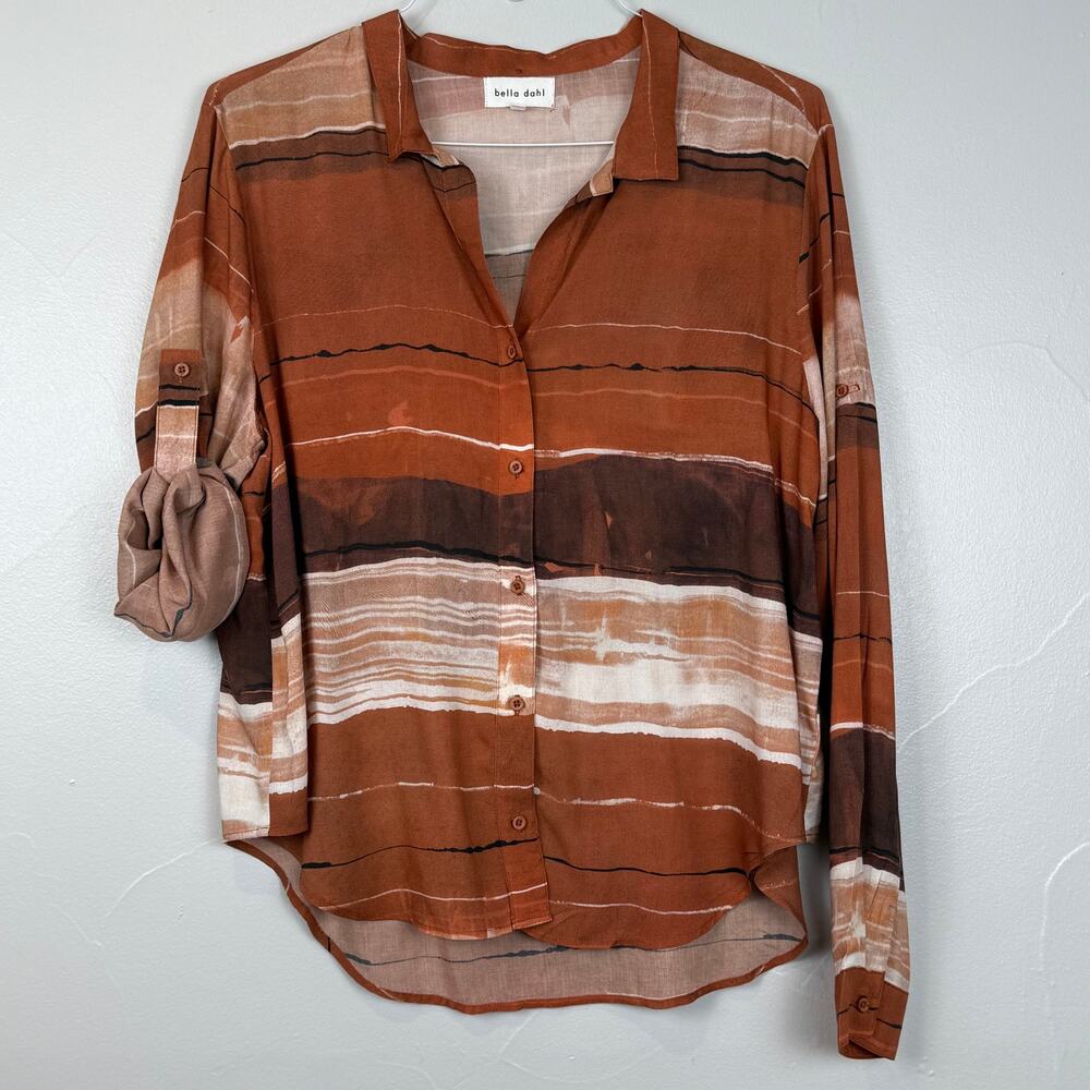 Bella Dahl Striped Button Down Blouse L Rust Brown Relaxed Boho